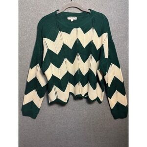 Sweet Envy Chevron Knit Sweater Large Green Cream Cropped Boho Cottagecore